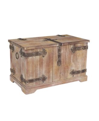 Household Essentials - Large Chinese Fir Wood Aged-Wood Metal-Accent Decorative Trunk brown