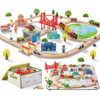 Tiny Land - 110-Piece Wooden Train Set with Folding Storage Box