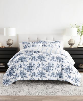 ienjoy Home - Bedding Bundle Patterned 7-Piece Comforter Set, Queen Cabbage Rose Stripe Stone