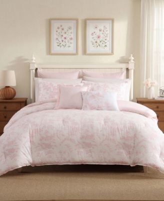 Laura Ashley - Natalie Cotton 5-Piece Comforter Set, Twin Soft Pink, White