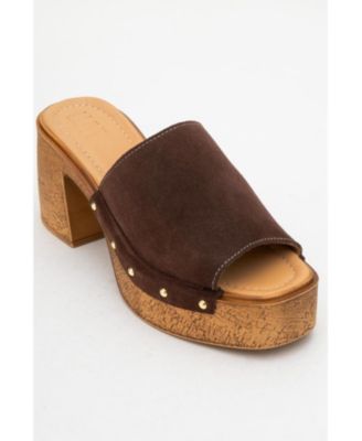 Forever & Always Shoes - Pull Leather Platform Mules (Women) Dark brown suede leather