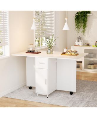 Aheaplus - Folding Dining Table with Drawers and Cabinets White